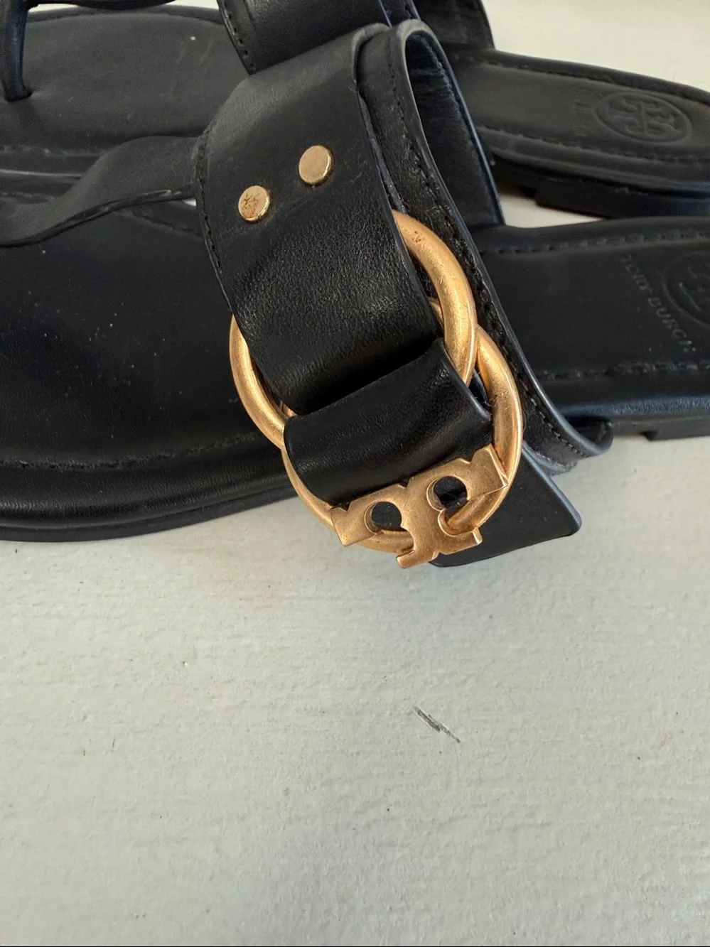 Tory Burch Marsden Black Leather Thong Sandal with Gold Hardware